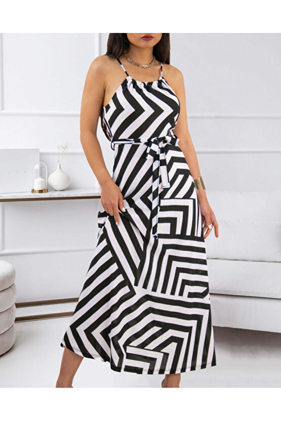 Gökyüzü Moda Kadın Askılı Belden Bağlamalı Geometrik Desen Krep Elbise