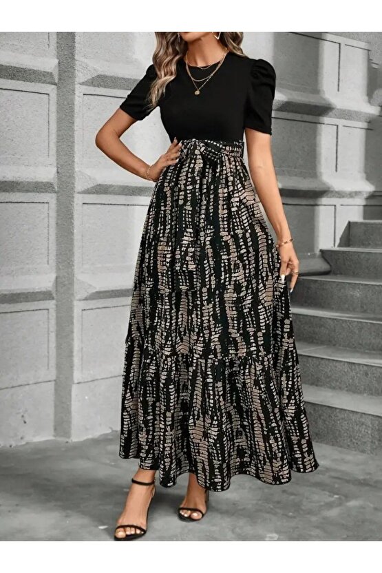 Gökyüzü Moda Kadın Kısa Kollu Bisiklet Yaka üst Ithal Krep Alt Süprem Maksi Boy Elbise