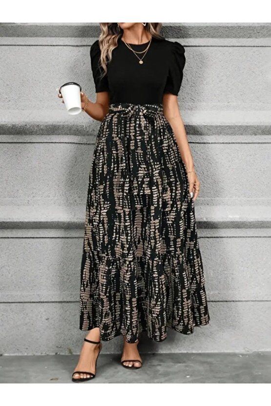 Gökyüzü Moda Kadın Kısa Kollu Bisiklet Yaka üst Ithal Krep Alt Süprem Maksi Boy Elbise