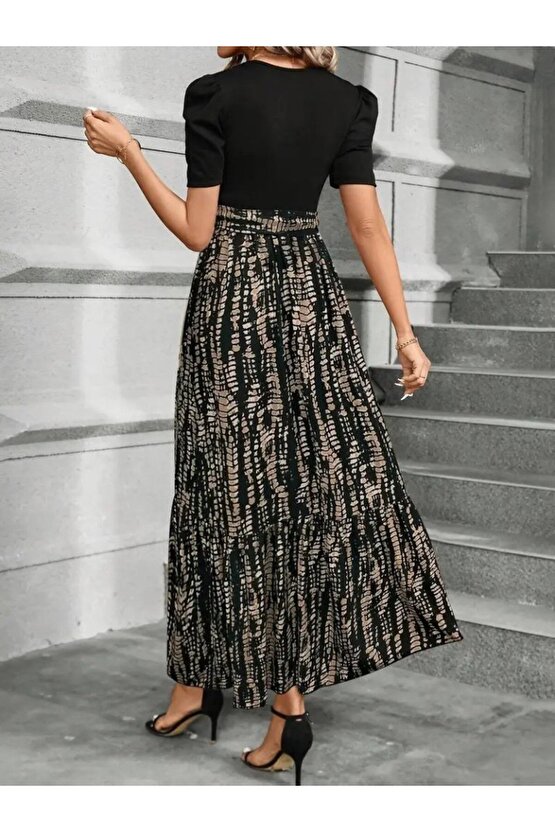 Gökyüzü Moda Kadın Kısa Kollu Bisiklet Yaka üst Ithal Krep Alt Süprem Maksi Boy Elbise