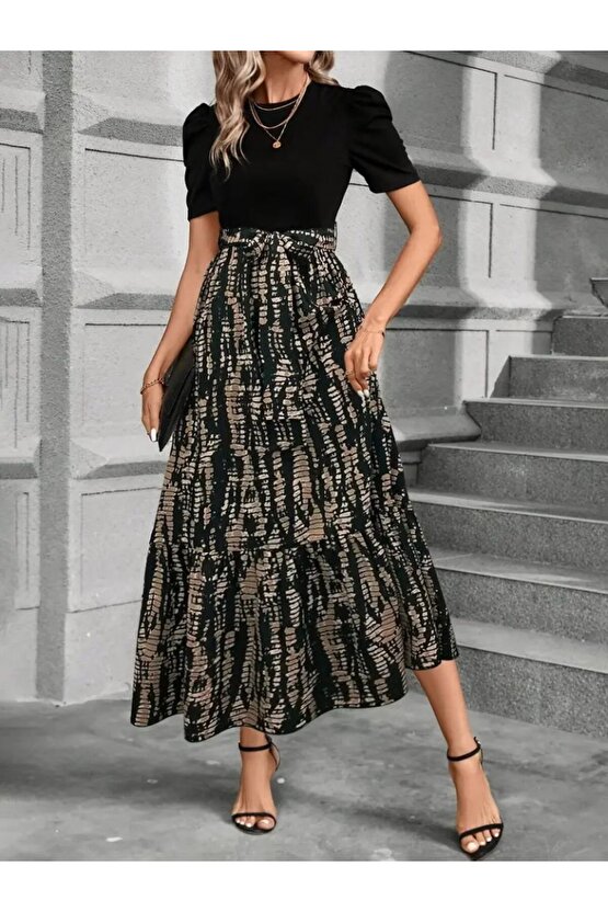 Gökyüzü Moda Kadın Kısa Kollu Bisiklet Yaka üst Ithal Krep Alt Süprem Maksi Boy Elbise