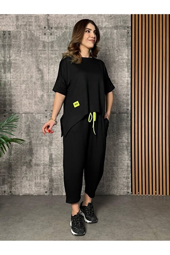 Gökyüzü Moda Kadın Kısa Kollu Bisiklet Yaka Viskon Iki Iplik Bluz Ve Pantolon Ikili Takım