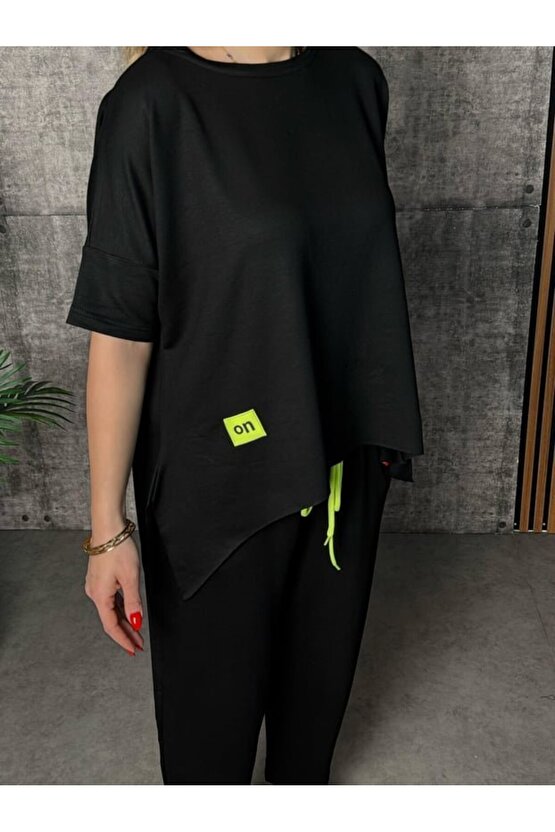 Gökyüzü Moda Kadın Kısa Kollu Bisiklet Yaka Viskon Iki Iplik Bluz Ve Pantolon Ikili Takım