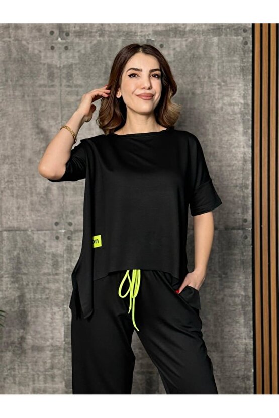 Gökyüzü Moda Kadın Kısa Kollu Bisiklet Yaka Viskon Iki Iplik Bluz Ve Pantolon Ikili Takım