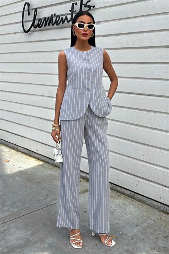 Gökyüzü Moda Çizgili Viscon Keten Yelekli Rahat Takım 10121