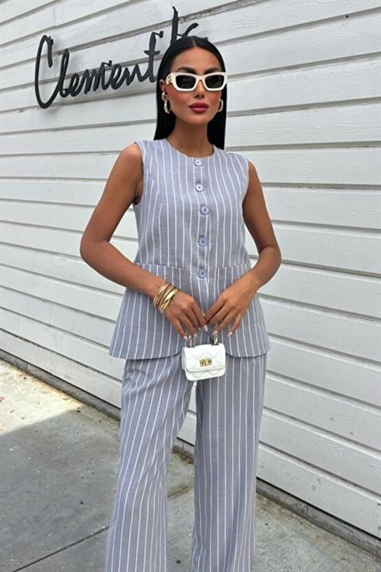 Gökyüzü Moda Çizgili Viscon Keten Yelekli Rahat Takım 10121