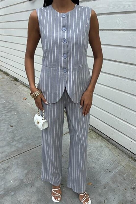 Gökyüzü Moda Çizgili Viscon Keten Yelekli Rahat Takım 10121