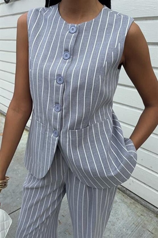 Gökyüzü Moda Çizgili Viscon Keten Yelekli Rahat Takım 10121