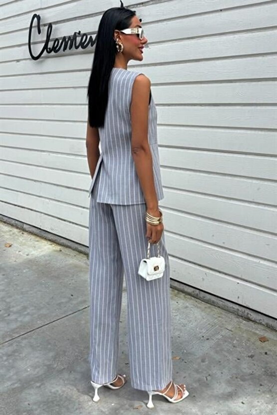 Gökyüzü Moda Çizgili Viscon Keten Yelekli Rahat Takım 10121