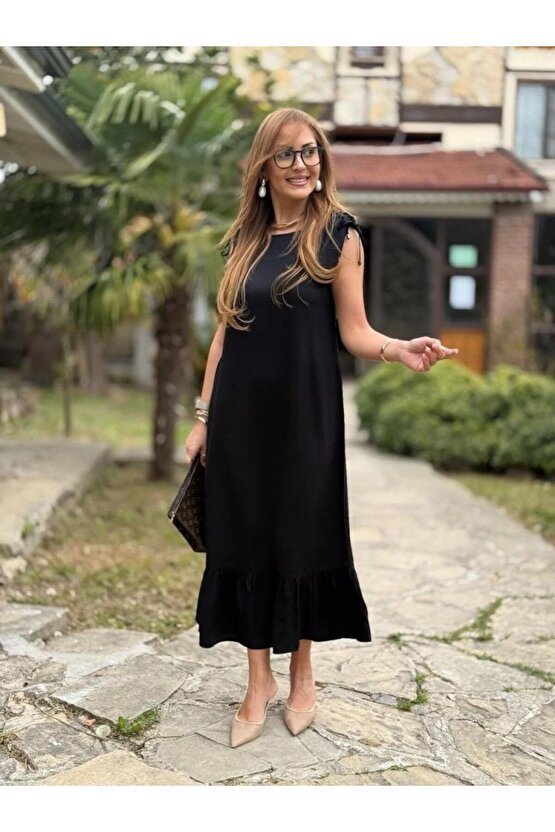 Gökyüzü Moda Kadın Omuzlardan Büzgülü Kayık Yaka Fırfırlı Janjan Krep Elbise