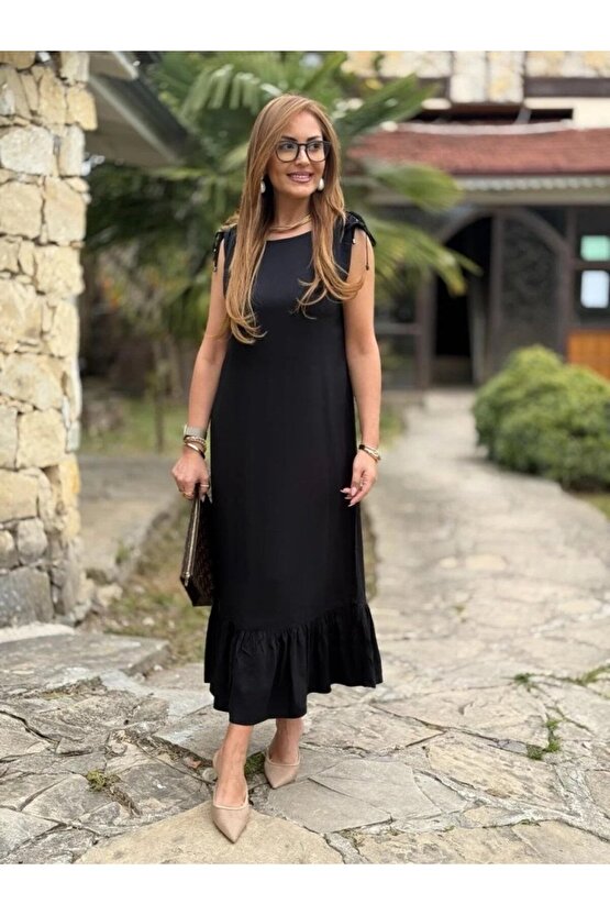 Gökyüzü Moda Kadın Omuzlardan Büzgülü Kayık Yaka Fırfırlı Janjan Krep Elbise