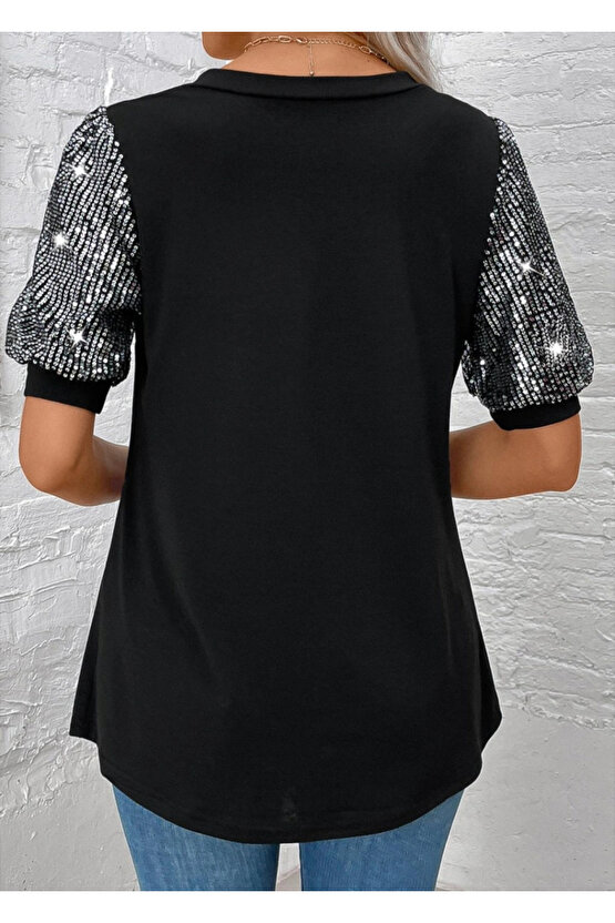 Kadın Kısa Kollu V Yakalı Pul Payet Detaylı Viskon Bluz
