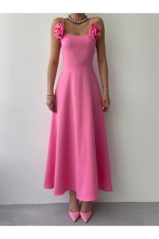 Gökyüzü Moda Matilda Gül İp Askılı Elbise