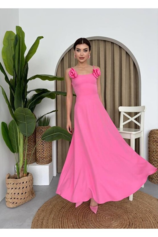 Gökyüzü Moda Matilda Gül İp Askılı Elbise
