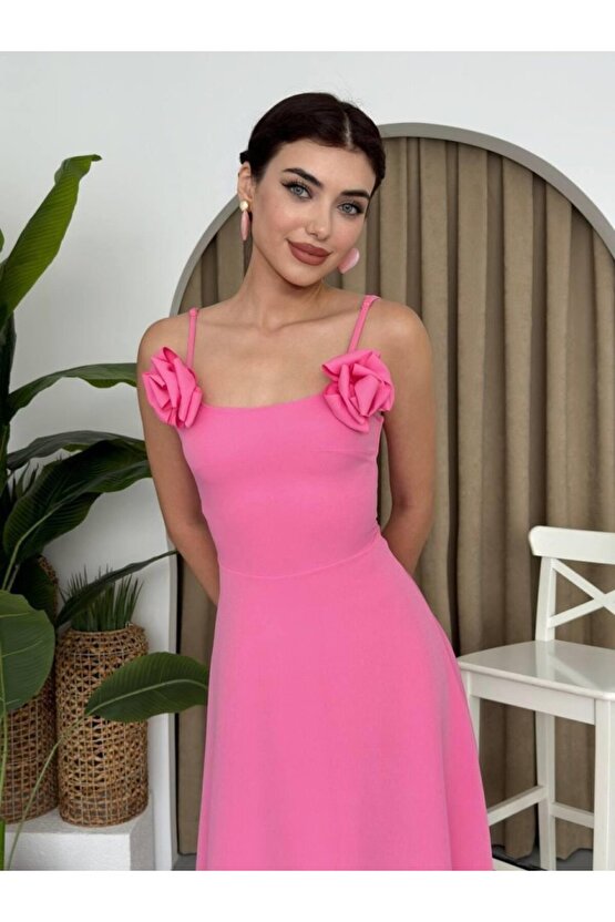 Gökyüzü Moda Matilda Gül İp Askılı Elbise