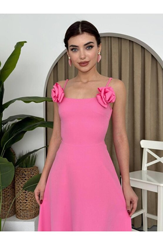 Gökyüzü Moda Matilda Gül İp Askılı Elbise