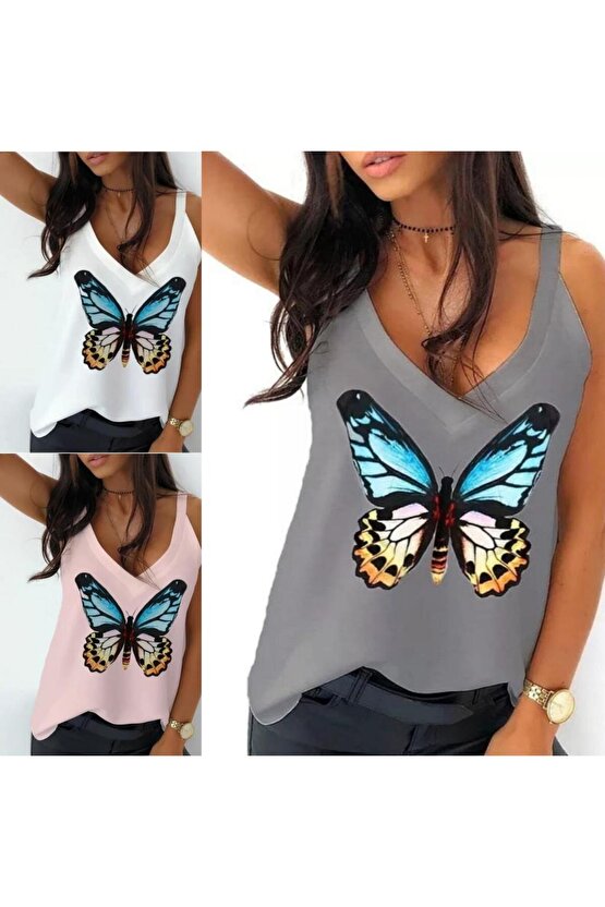 Gökyüzü Moda Kadın Kelebek Baskılı Sandy Kumaş Askılı Bluz