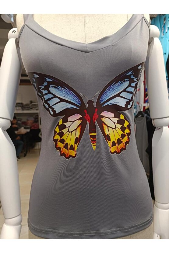 Gökyüzü Moda Kadın Kelebek Baskılı Sandy Kumaş Askılı Bluz