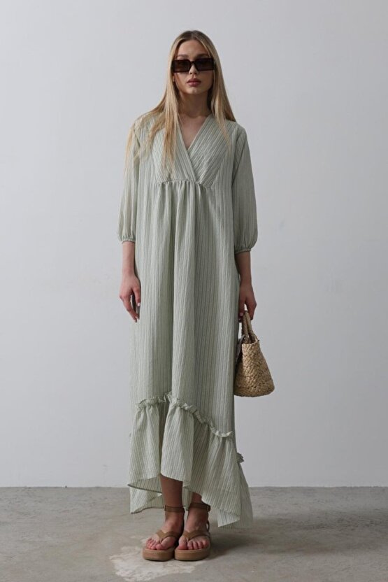 Gökyüzü Moda Çizgili Oversize V Yaka Elbise - Haki
