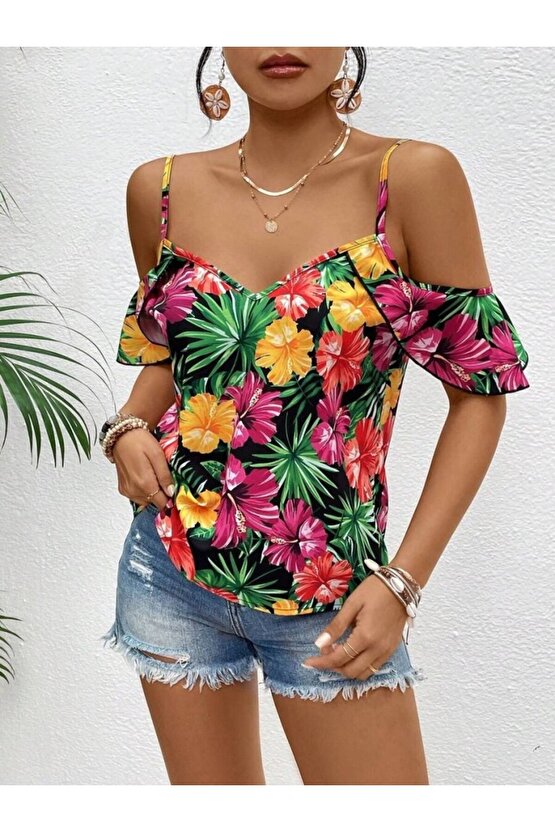 Gökyüzü Moda Kadın Askılı Omuzlardan Açık çiçek Baskılı Bluz