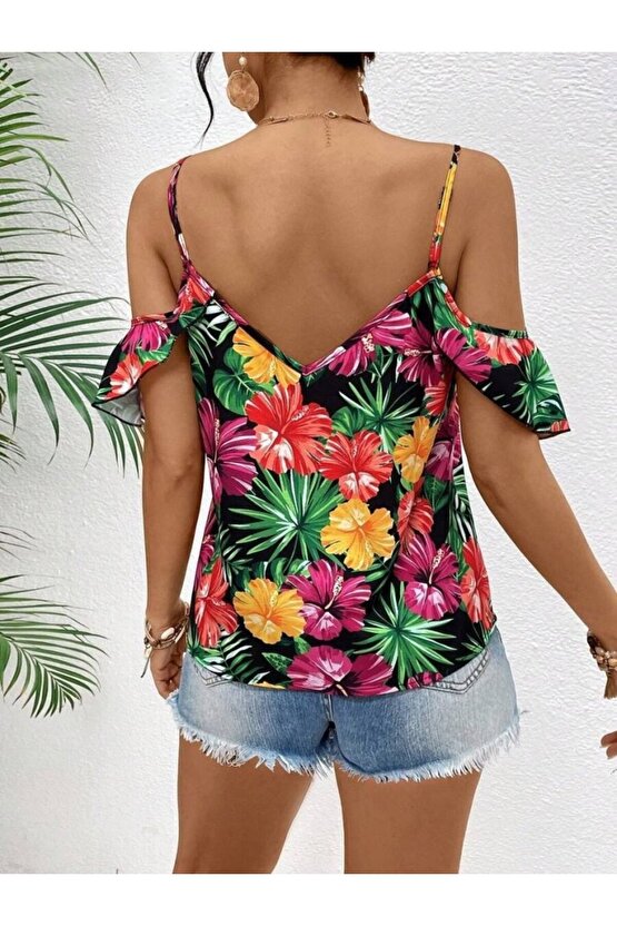 Gökyüzü Moda Kadın Askılı Omuzlardan Açık çiçek Baskılı Bluz