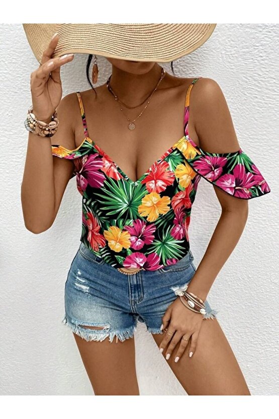 Gökyüzü Moda Kadın Askılı Omuzlardan Açık çiçek Baskılı Bluz