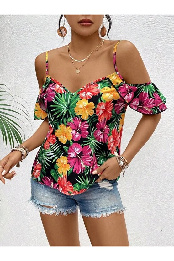 Gökyüzü Moda Kadın Askılı Omuzlardan Açık çiçek Baskılı Bluz