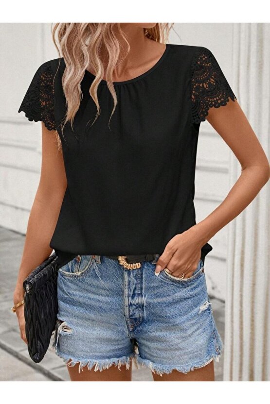 Gökyüzü Moda Kadın Kısa Dantel Kollu Bisiklet Yaka Sandy Bluz