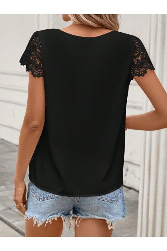 Gökyüzü Moda Kadın Kısa Dantel Kollu Bisiklet Yaka Sandy Bluz