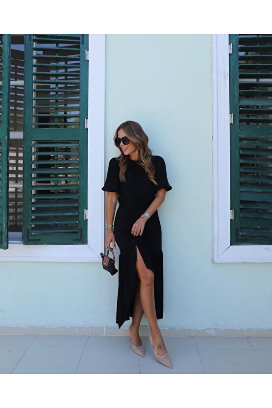 Gökyüzü Moda Kadın Kısa Kollu Bisiklet Yakalı Yandan Yırtmaçlı Büzgülü Janjan Krep Elbise