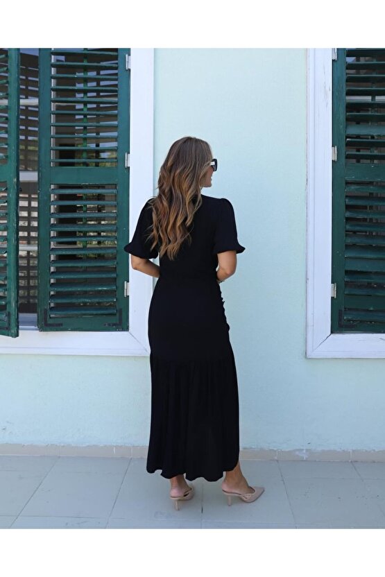 Gökyüzü Moda Kadın Kısa Kollu Bisiklet Yakalı Yandan Yırtmaçlı Büzgülü Janjan Krep Elbise