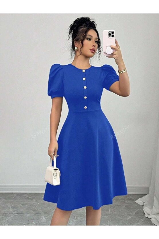 Gökyüzü Moda Kadın Kısa Kollu Bisiklet Yaka önden Düğmeli Ithal Krep Elbise