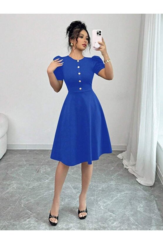 Gökyüzü Moda Kadın Kısa Kollu Bisiklet Yaka önden Düğmeli Ithal Krep Elbise