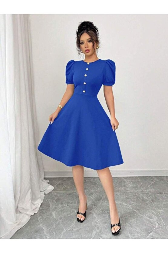 Gökyüzü Moda Kadın Kısa Kollu Bisiklet Yaka önden Düğmeli Ithal Krep Elbise