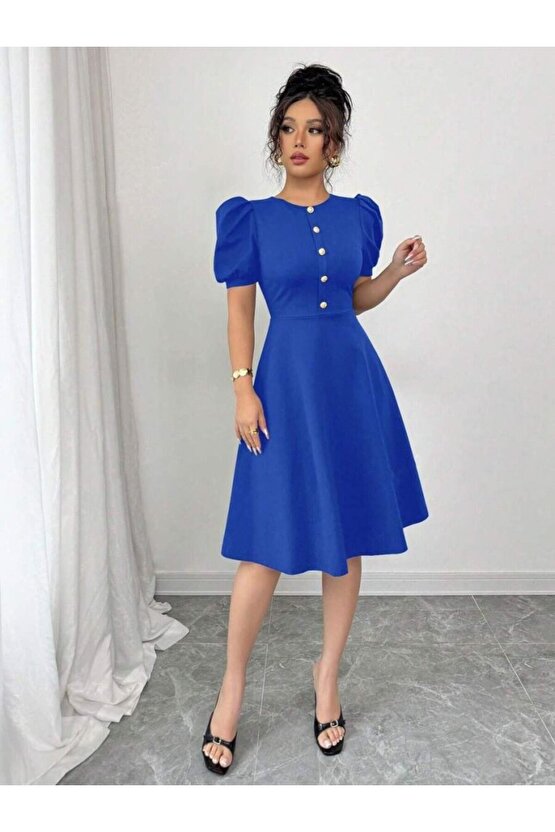 Gökyüzü Moda Kadın Kısa Kollu Bisiklet Yaka önden Düğmeli Ithal Krep Elbise