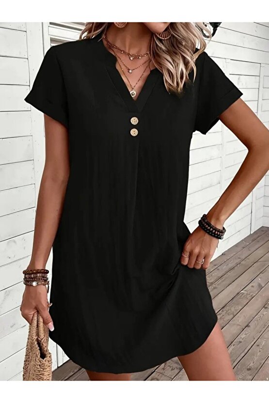 Gökyüzü Moda Kadın Kısa Kollu V Yakalı Düğmeli Müslim Kısa Elbise