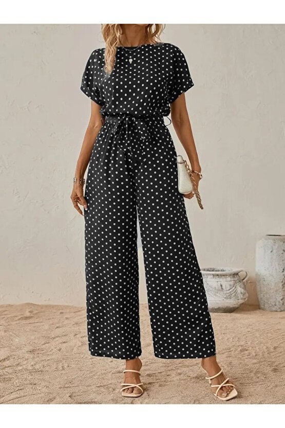 Gökyüzü Moda Kadın Kısa Kollu Kayık Yaka Belden Kuşaklı örme Krep Tulum