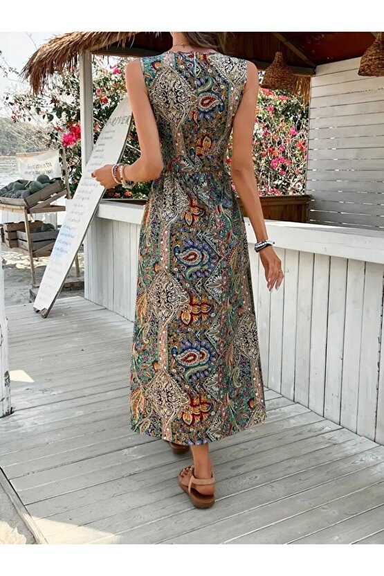 Gökyüzü Moda Kadın Kolsuz V Yakalı Desenli Süprem Tulum Elbise