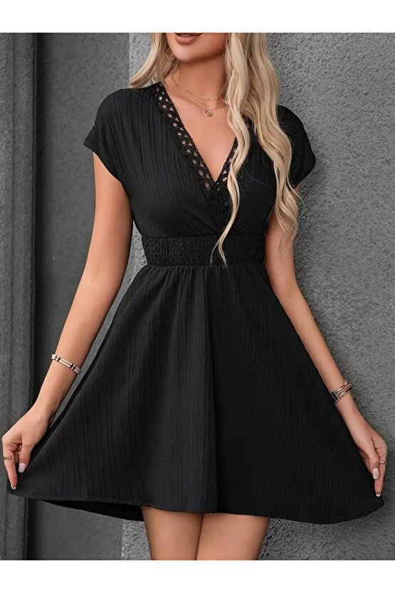 Gökyüzü Moda Kadın Kısa Kollu Kruvaze Yakalı Beli Lastikli Bürümcük Elbise