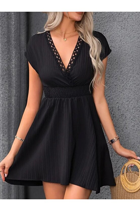 Gökyüzü Moda Kadın Kısa Kollu Kruvaze Yakalı Beli Lastikli Bürümcük Elbise