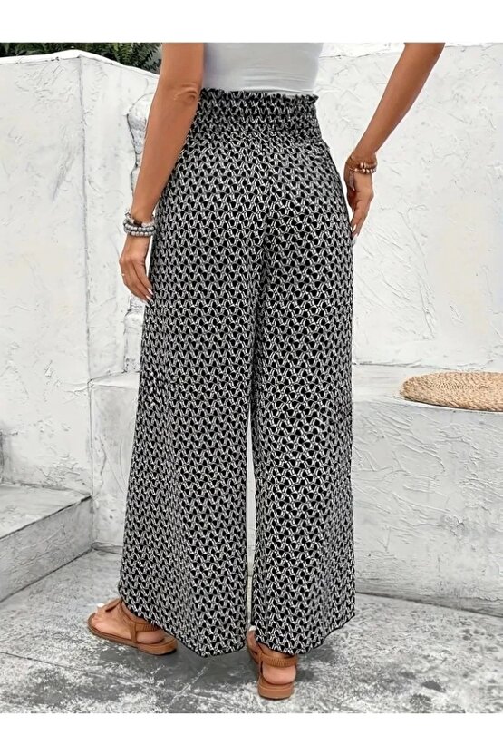 Kadın Yüksek Bel Lastikli önden Iki Parçalı Desenli Bürümcük Pantolon