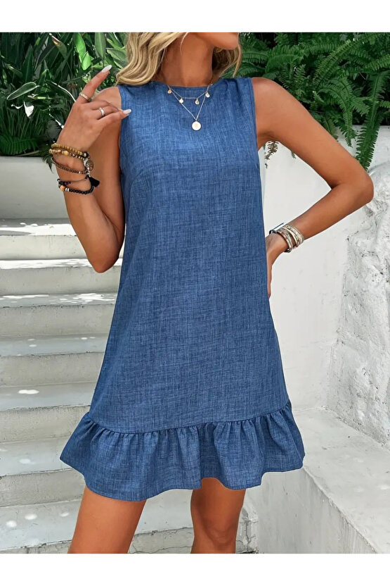 Gökyüzü Moda Kadın Kolsuz Bisiklet Yaka Fırfırlı Sofya Elbise