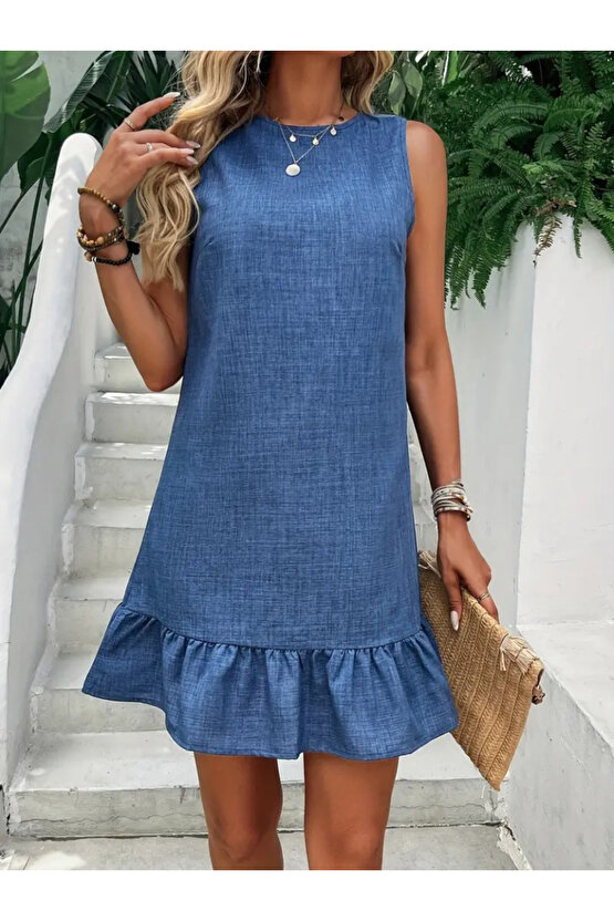 Gökyüzü Moda Kadın Kolsuz Bisiklet Yaka Fırfırlı Sofya Elbise