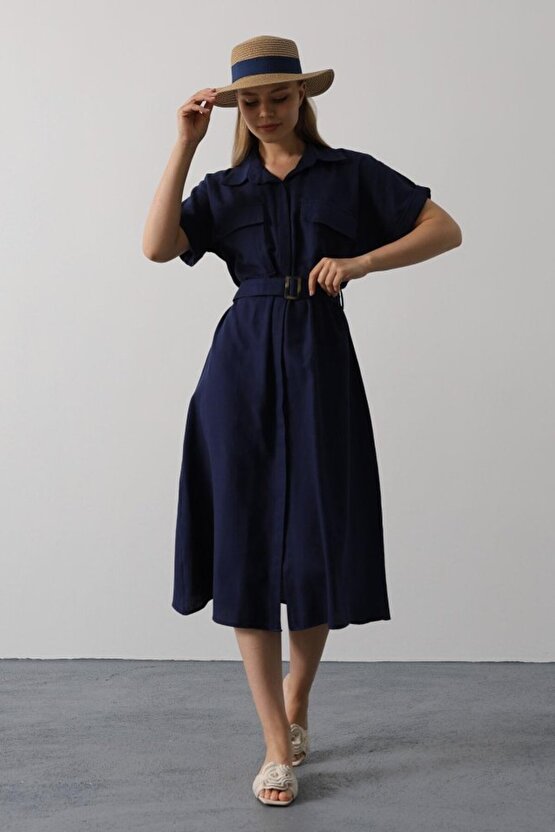 Gökyüzü Moda Kuşaklı Cep Detaylı Yarım Kol Elbise - Lacivert