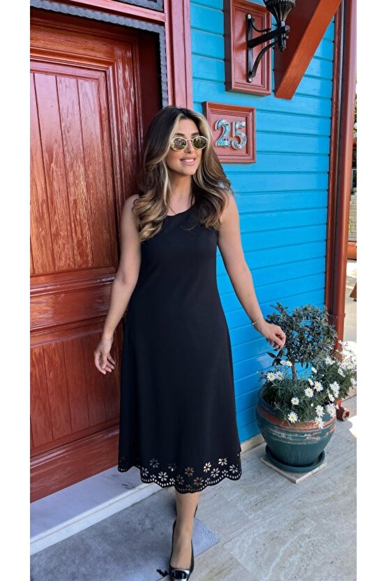 Gökyüzü Moda Kadın Kolsuz Etek Ucu Lazer Kesim çiçek Desenli Midi Boy Janjan Krep Elbise