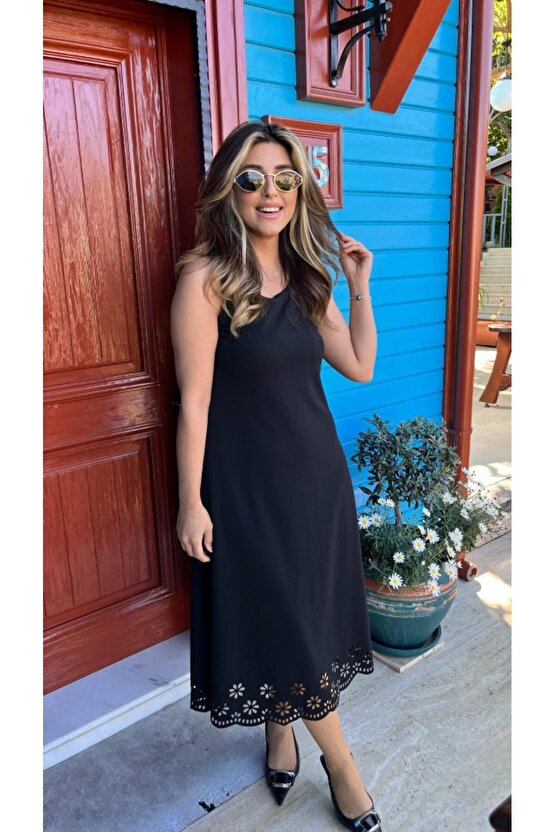 Gökyüzü Moda Kadın Kolsuz Etek Ucu Lazer Kesim çiçek Desenli Midi Boy Janjan Krep Elbise