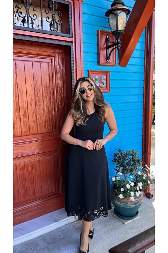 Gökyüzü Moda Kadın Kolsuz Etek Ucu Lazer Kesim çiçek Desenli Midi Boy Janjan Krep Elbise