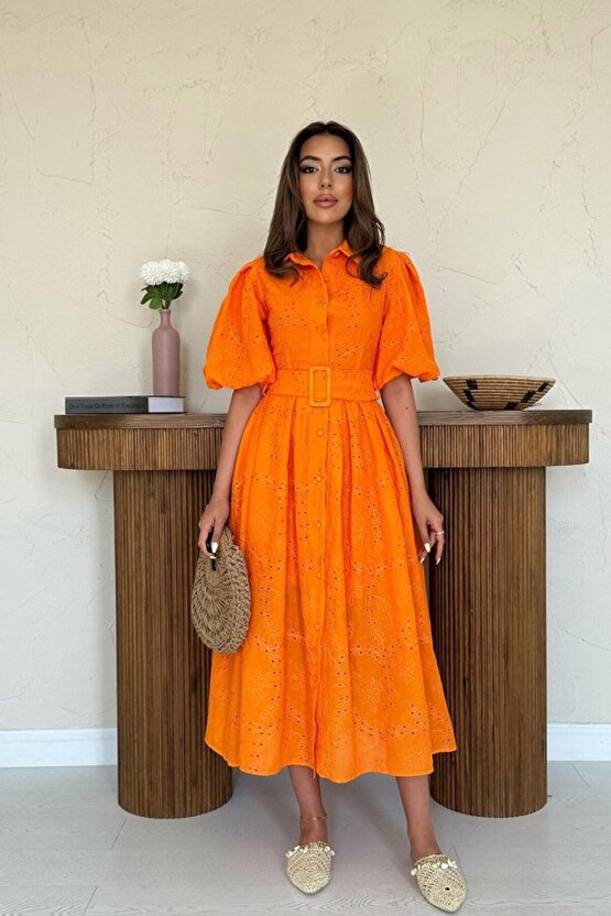 Gökyüzü Moda Oranj Pileli Balkon Elbise