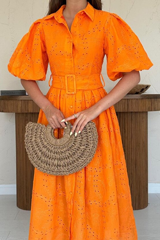 Gökyüzü Moda Oranj Pileli Balkon Elbise