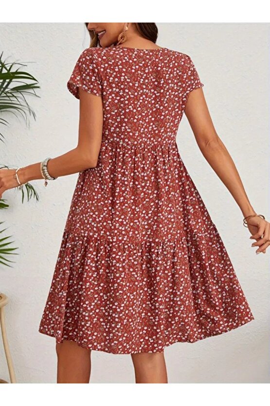 Gökyüzü Moda Kadın Kısa Kollu Bisiklet Yaka çiçek Desenli Süprem Elbise